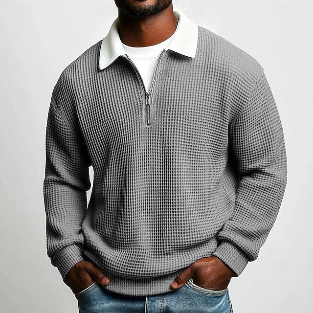 Men's structured waffle knit pullover with polo collar and short zipper Mune Fashion