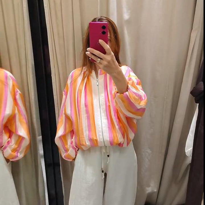 Women's Striped Bomber Jacket with Balloon Sleeves and Short Cropped Cut Mune Fashion