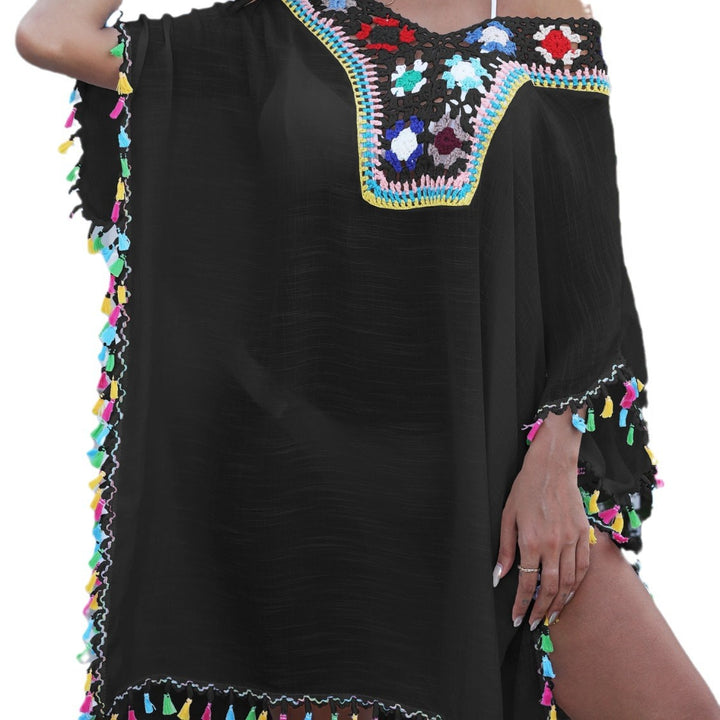 Women's crochet beach cover-up with colorful tassels Mune Fashion