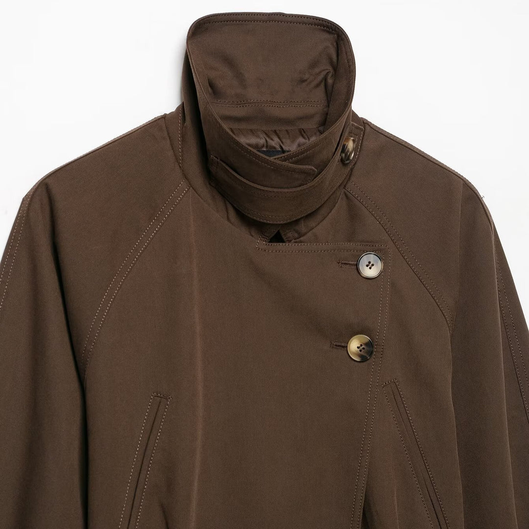 Women's short trench coat with high stand-up collar, tie belt, and asymmetrical button placket Mune Fashion