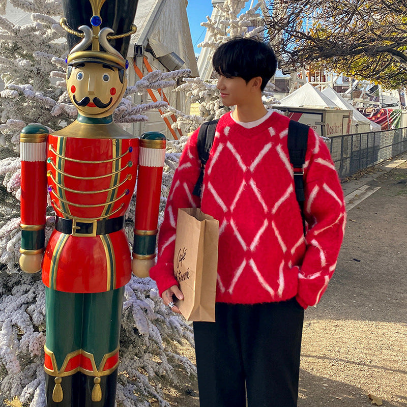 Men's Oversized Fluffy Knit Sweater with Diamond Pattern Mune Fashion