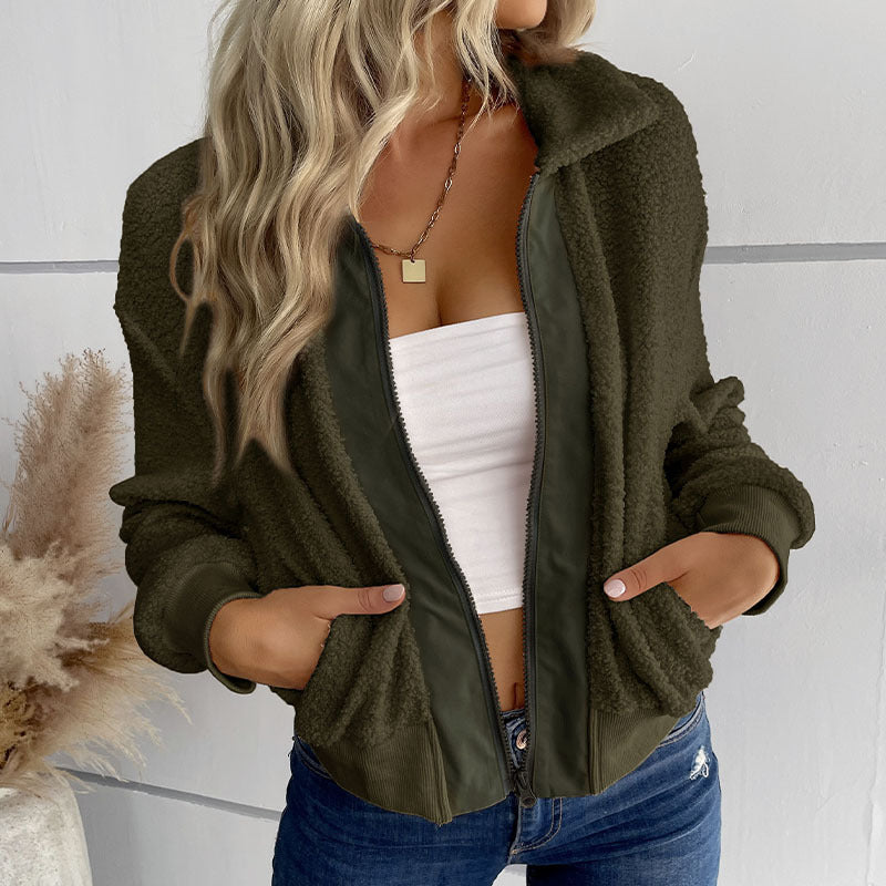 Women's teddy jacket with zip, stand-up collar and ribbed cuffs Mune Fashion