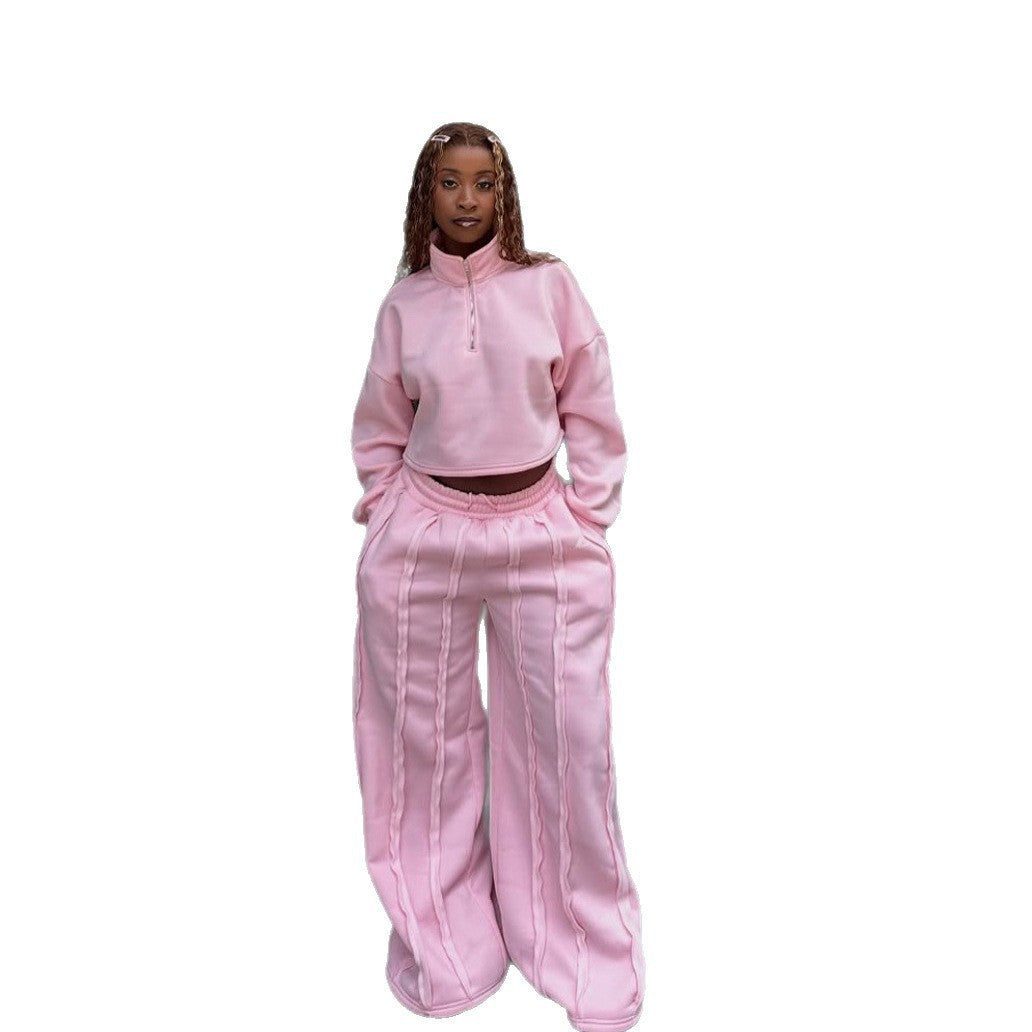 Women Crop-Half-Zip Sweatshirt and High-Waist Wide-Leg Lounge Pants Set with Visible Stitching Details Mune Fashion