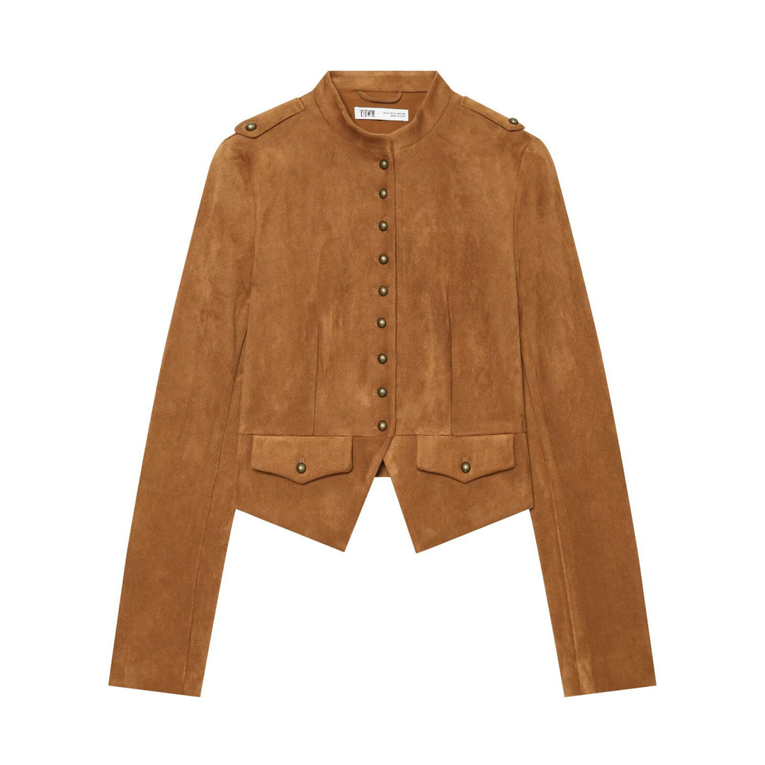 Women Short Jacket in Suede Look in Military Style with Stand-Up Collar and Asymmetrical Hem Mune Fashion