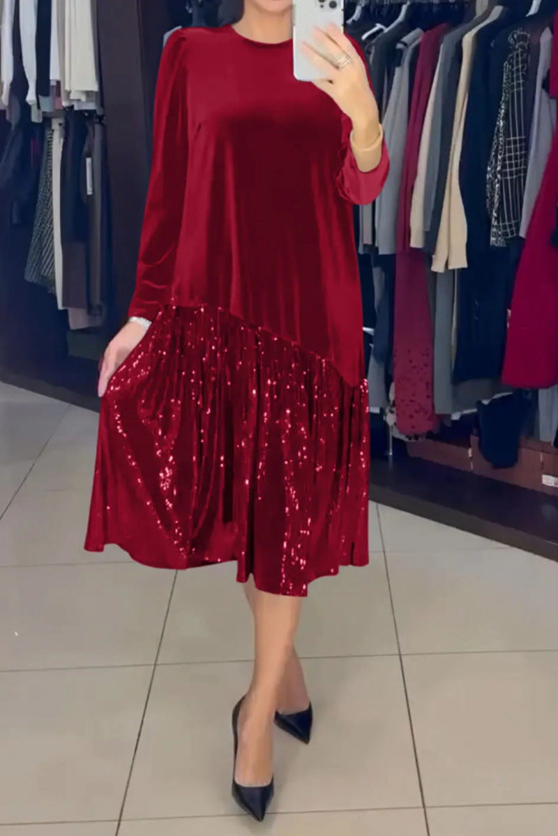 Women's Velvet Midi Dress with Pleated Sequin Skirt, Loose A-Line Cut and Round Neckline Mune Fashion