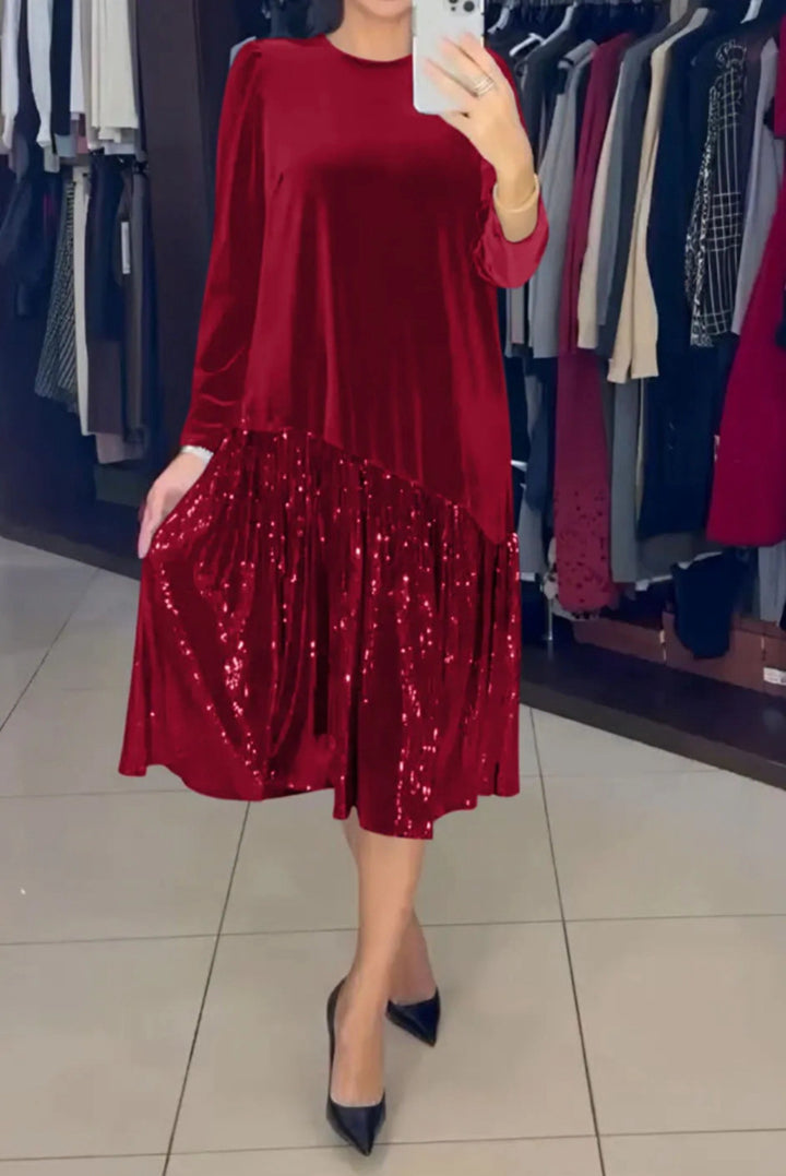 Women's Velvet Midi Dress with Pleated Sequin Skirt, Loose A-Line Cut and Round Neckline Mune Fashion