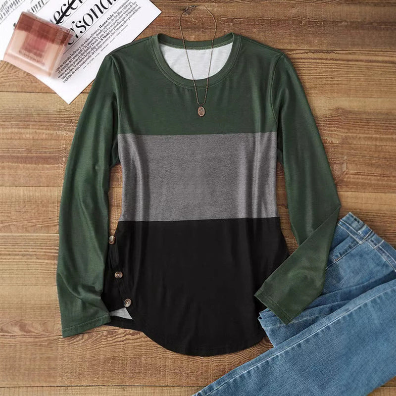 Women's Long Sleeve Colorblock Shirt with Rounded Hem and Side Button Detail Mune Fashion