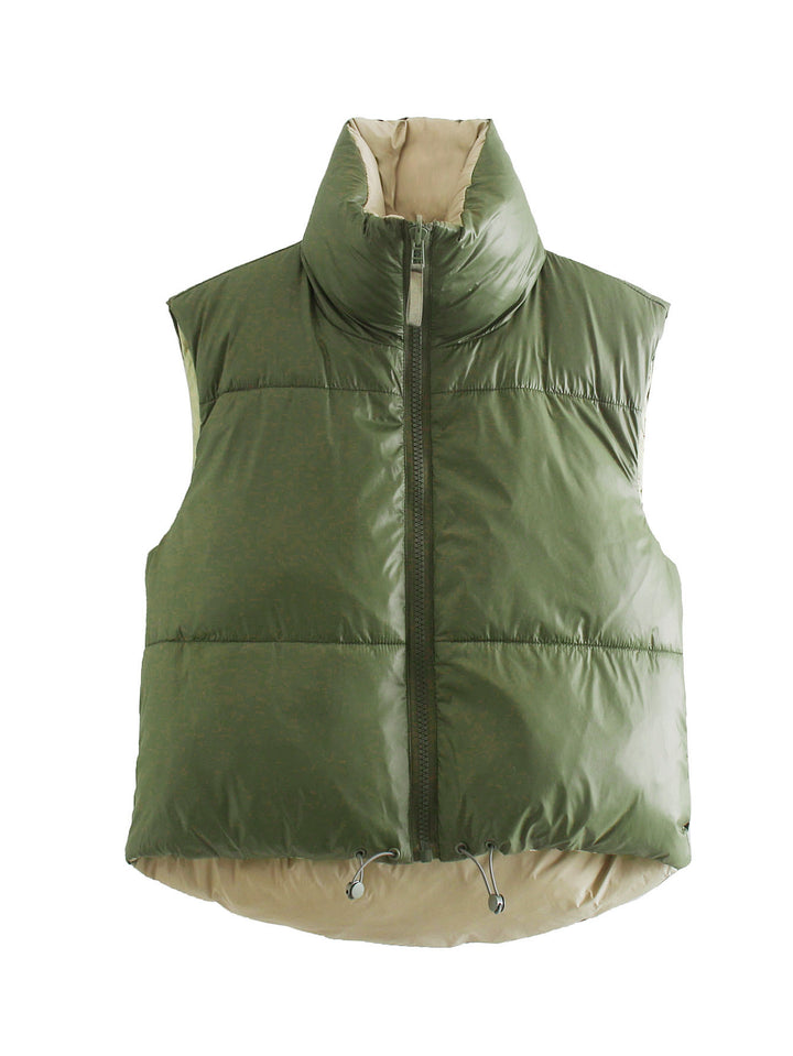 Women's short-cut quilted vest with high stand-up collar and extended back Mune Fashion