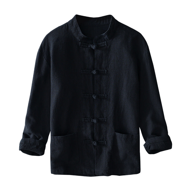 Men's lightweight linen jacket in traditional Chinese style with stand-up collar and knot closures Mune Fashion