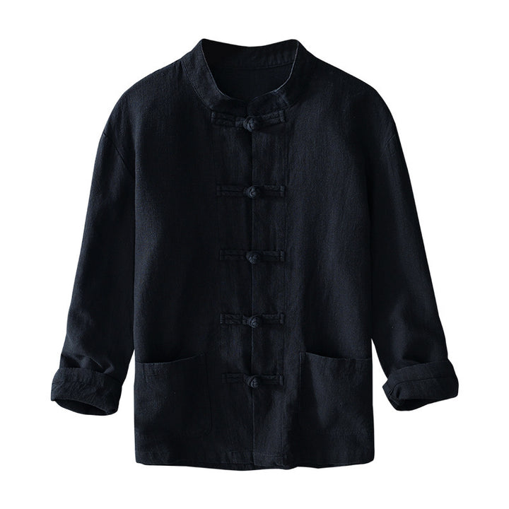 Men's lightweight linen jacket in traditional Chinese style with stand-up collar and knot closures Mune Fashion
