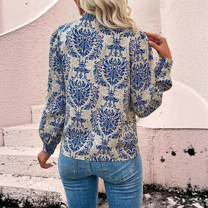 Women's Lightweight Boho Blouse with Baroque Print, Lace Trim and Button Placket Mune Fashion
