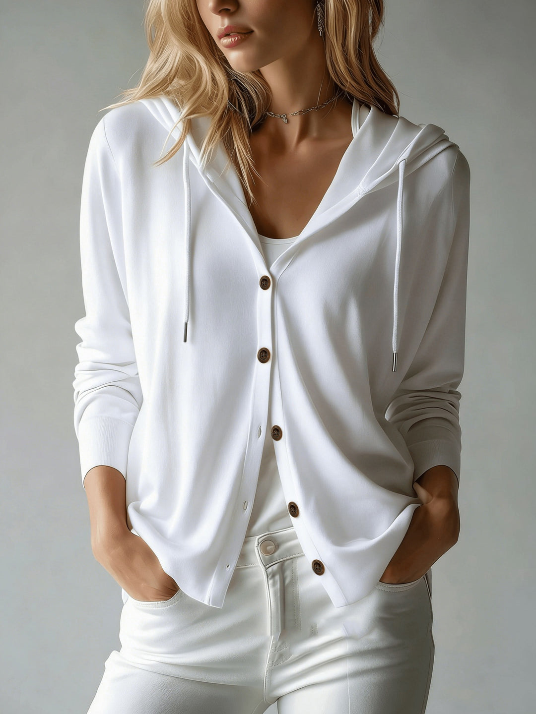 Women nan lightweight hooded cardigan with button placket and drawstring Mune Fashion