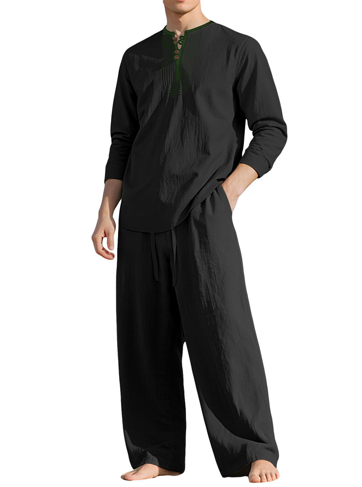 Men's tunic and Palazzo pants set with Henley placket, decorative embroidery and wide cut Mune Fashion