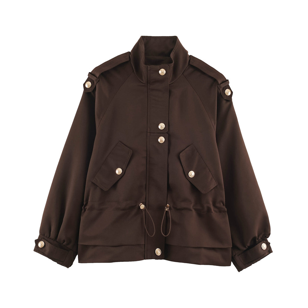 Women's 10+ Short Utility Jacket with Waist Gathering, Stand Collar, and Shoulder Epaulets Drune
