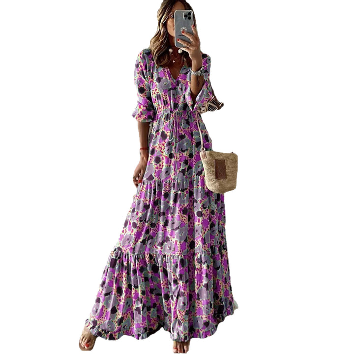 Women’s maxi dress with floral print, V-neck, tiered ruffle and drawstring waist Mune Fashion