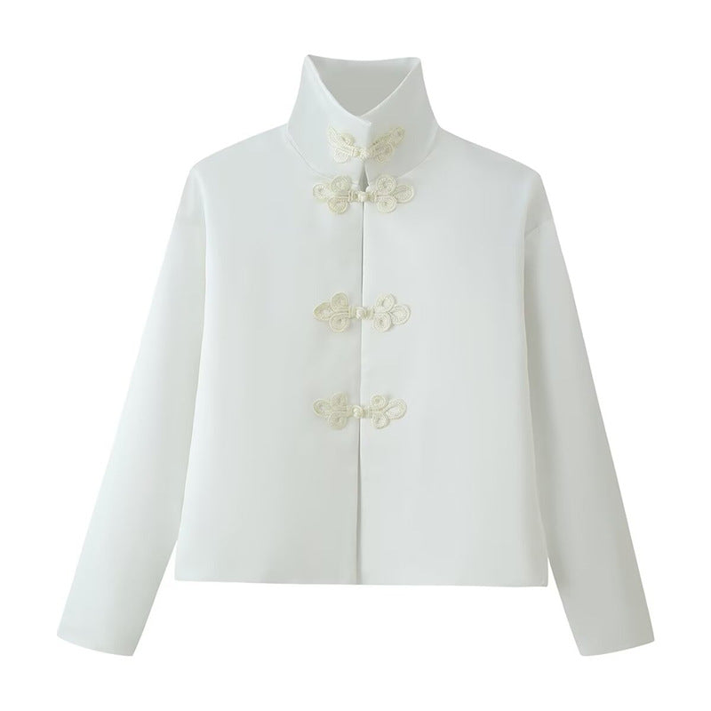 Women's short jacket with stand-up collar and decorative knot closures in Mandarin style Mune Fashion