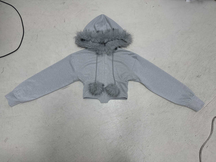 Women's cropped hoodie sweatshirt with faux fur trim, zipper, and pom-pom cords Mune Fashion