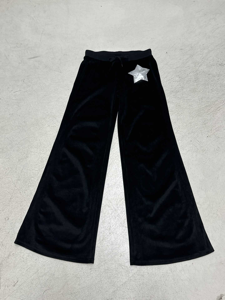 Ladies' velvet pants with wide leg, elastic waistband, and sequin star appliqué Mune Fashion