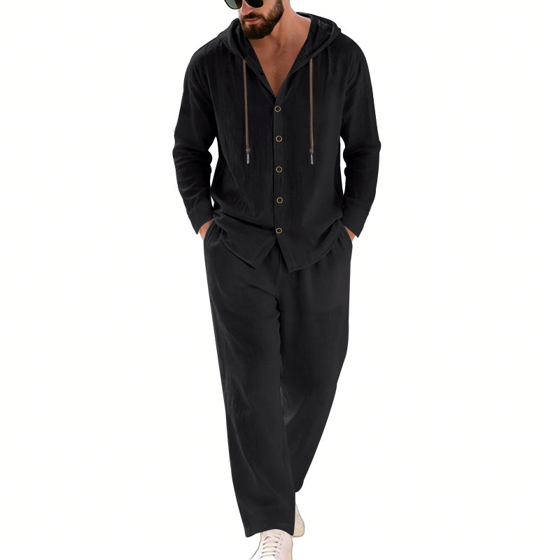 Men's two-piece lounge set with button hoodie shirt made of crepe jersey and straight drawstring pants Mune Fashion