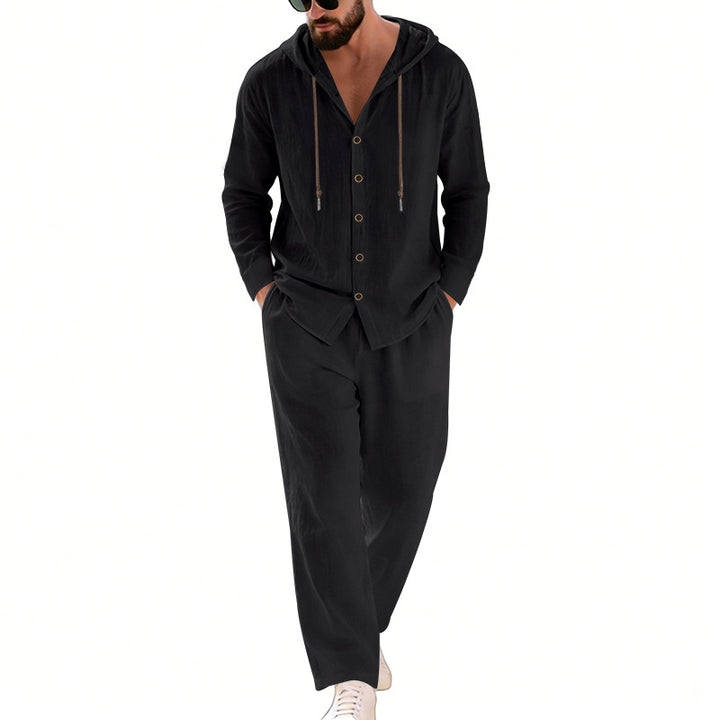 Men's two-piece lounge set with button hoodie shirt made of crepe jersey and straight drawstring pants Mune Fashion