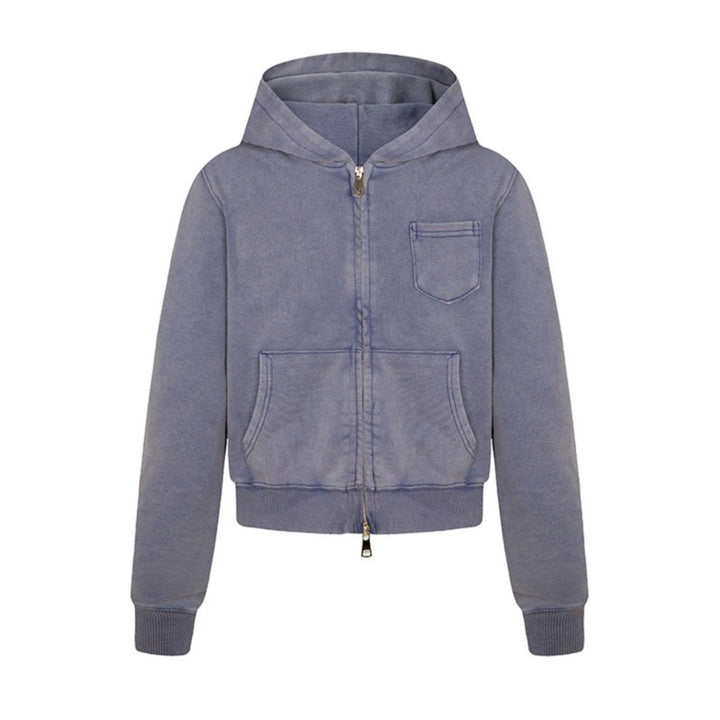 Ladies short-cut hooded zip jacket made of garment-dyed cotton fleece with chest pocket Mune Fashion