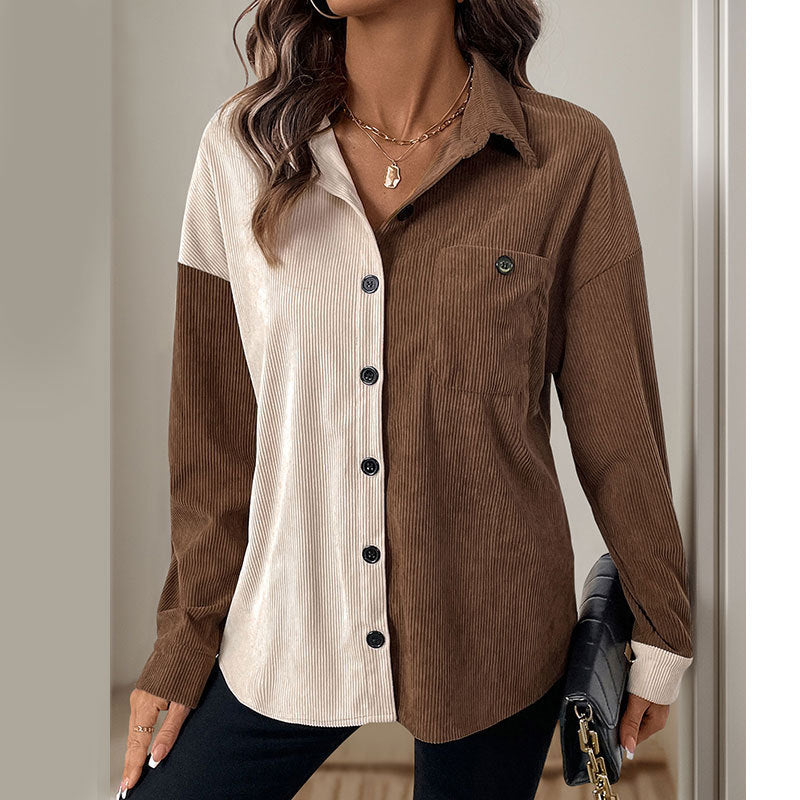 Women's Two-Tone Cord Shirt with Drop Shoulder and Patch Chest Pocket Mune Fashion