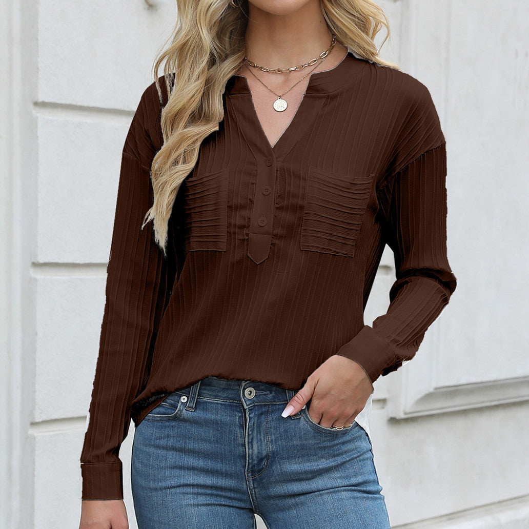Ladies nan ribbed long sleeve blouse with V-neck, concealed button placket and patch chest pockets Mune Fashion