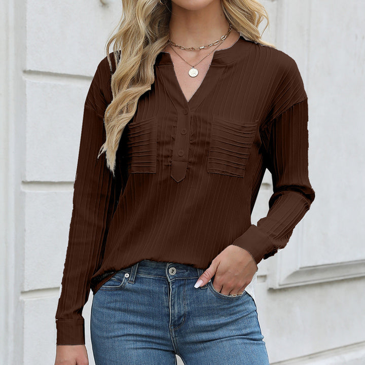 Ladies nan ribbed long sleeve blouse with V-neck, concealed button placket and patch chest pockets Mune Fashion