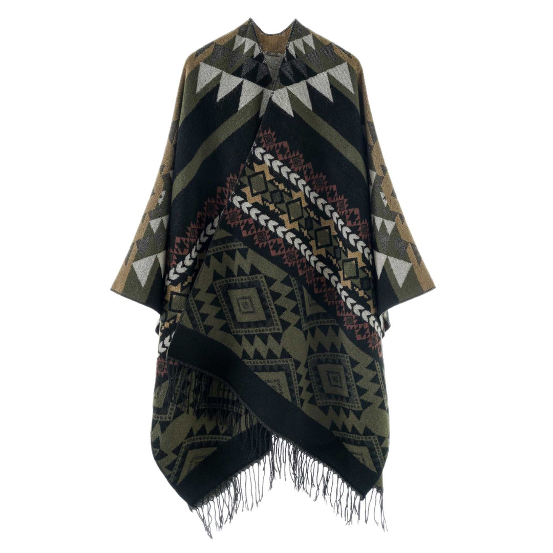 Women Oversize Jacquard Throw in Ethno Pattern with Fringes Mune Fashion