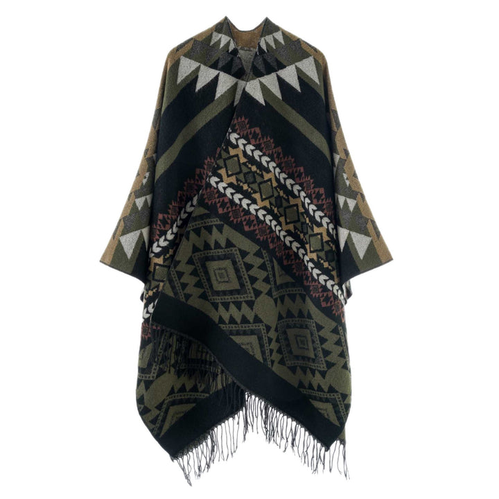 Women Oversize Jacquard Throw in Ethno Pattern with Fringes Mune Fashion