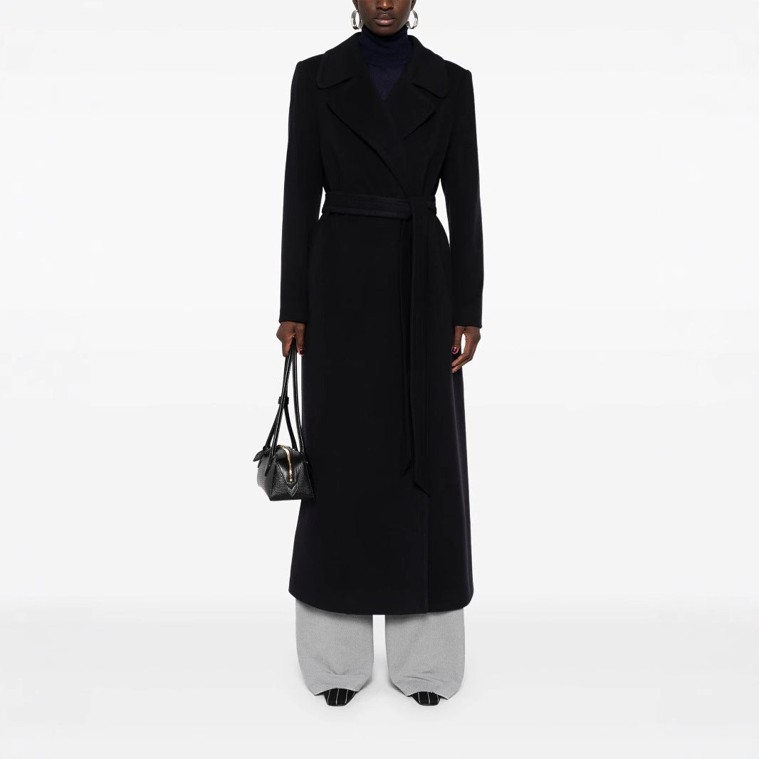 Women's long wrap coat made of wool blend with tie belt and wide lapels Mune Fashion