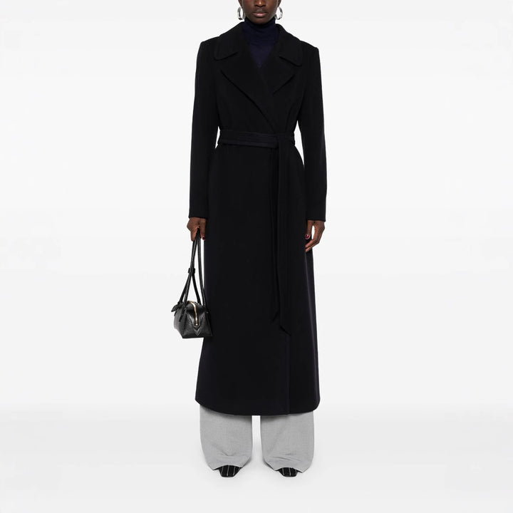Women's long wrap coat made of wool blend with tie belt and wide lapels Mune Fashion