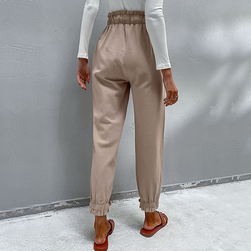 Women's Casual High-Waisted Pants with Drawstring, Side Pockets, and Tapered Leg Shape Mune Fashion