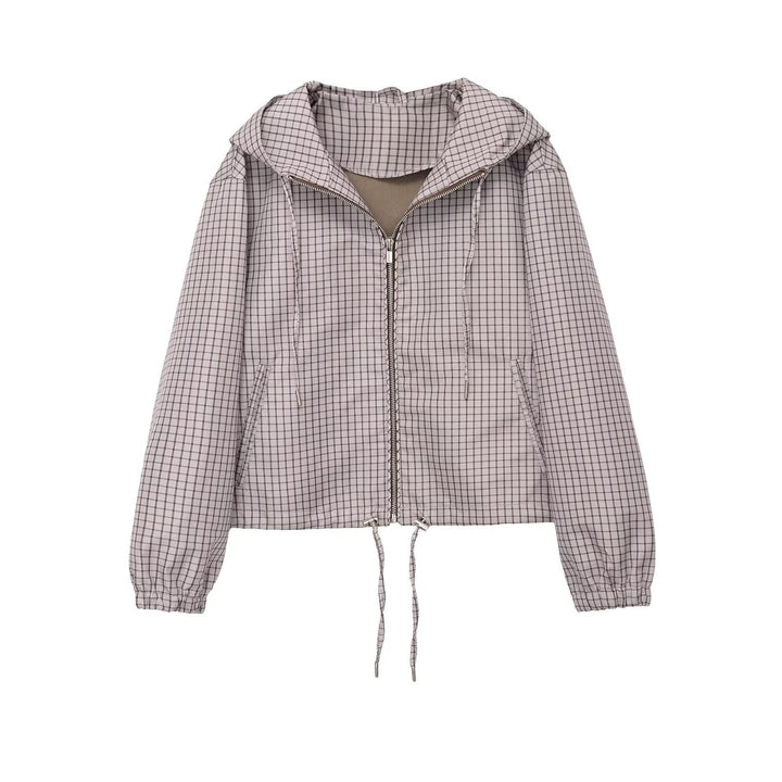 Women's short-cut hooded jacket with check quilted pattern, zipper and drawstring Mune Fashion
