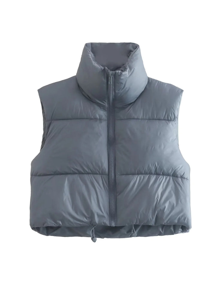 Women's short quilted vest with high stand-up collar, padded thermal filling, and adjustable drawstring hem Mune Fashion