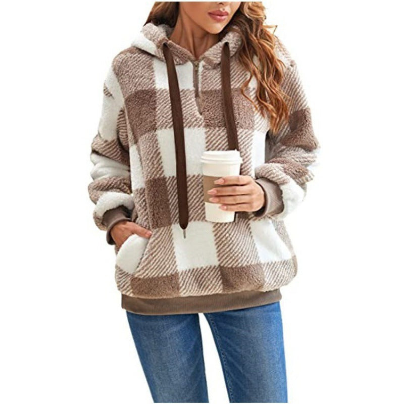 Women's Oversized Sherpa Hoodie in Check Pattern with Half Zipper and Kangaroo Pocket Mune Fashion