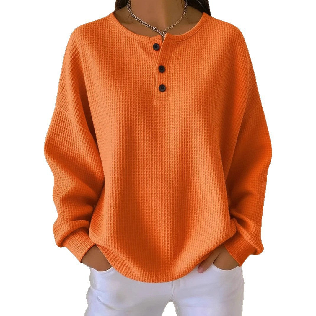 Women's Oversized Waffle Knit Henley Sweater with Button Placket and Rounded Hem Mune Fashion