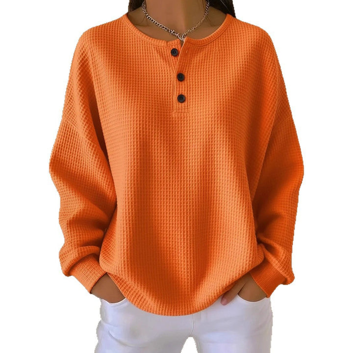 Women's Oversized Waffle Knit Henley Sweater with Button Placket and Rounded Hem Mune Fashion
