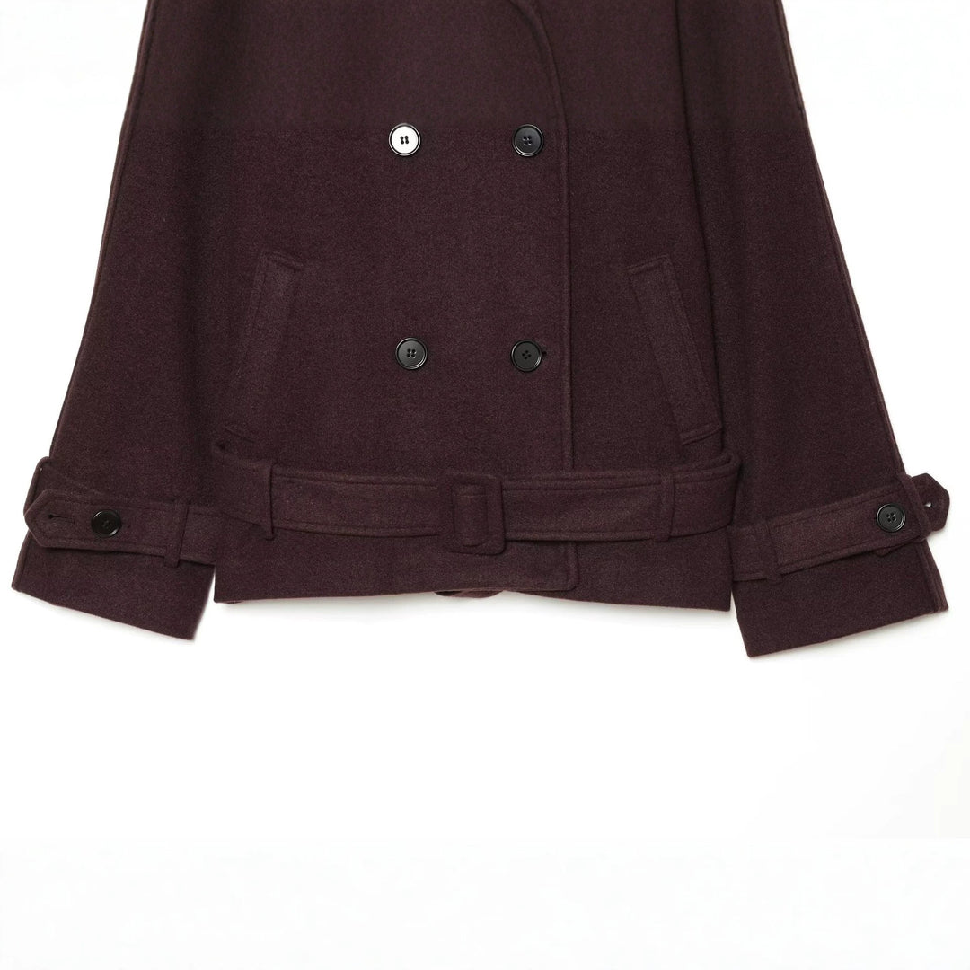 Ladies short coat double-breasted wool blend with high standing collar and belt Mune Fashion