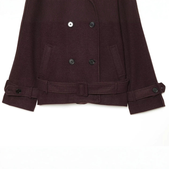 Ladies short coat double-breasted wool blend with high standing collar and belt Mune Fashion