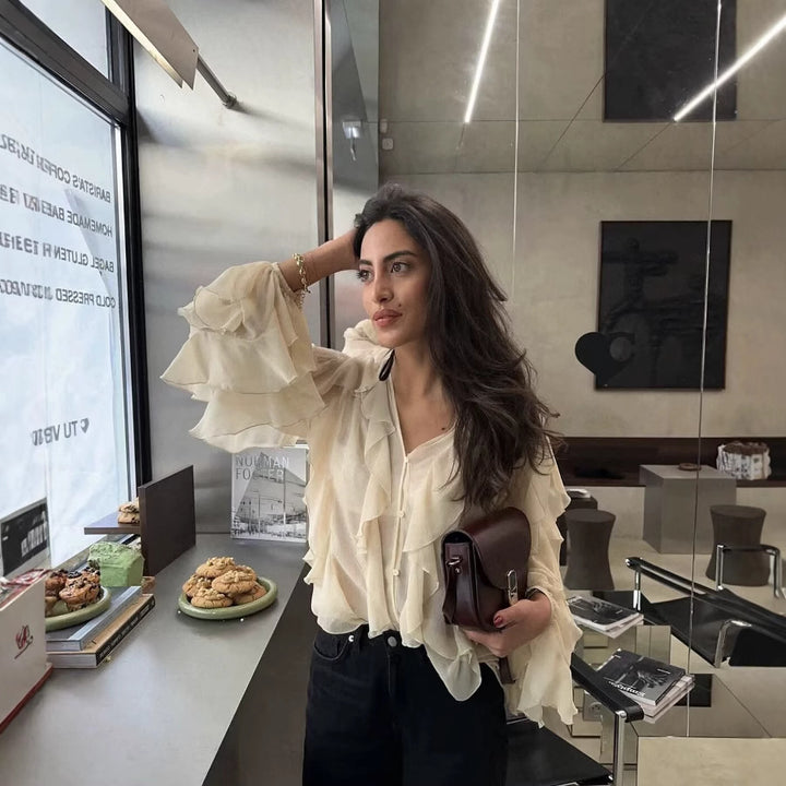 Women's feminine chiffon ruffle blouse with balloon sleeves and V-neck Mune Fashion