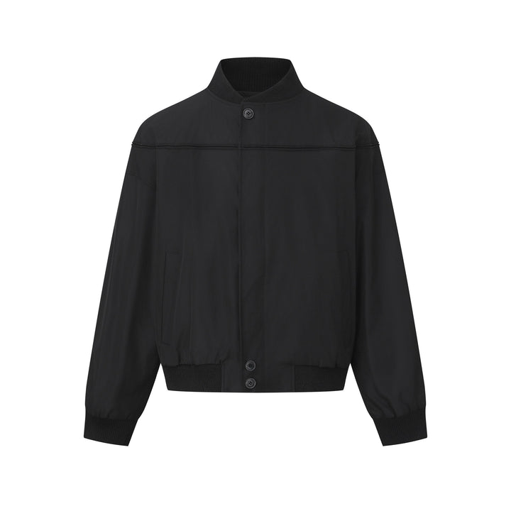 Unisex Short Cut Boxy Blouson with High Ribbed Collar, Concealed Button Placket and Elastic Waistband Mune Fashion