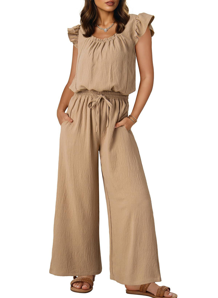 Women's Crinkle Jumpsuit with Wide Leg, Elastic Waistband, and Ruffled Sleeves Mune Fashion