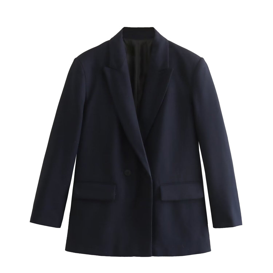 Ladies Double-Breasted Long Blazer with Wide Shawl Collar and Patch Pockets Mune Fashion