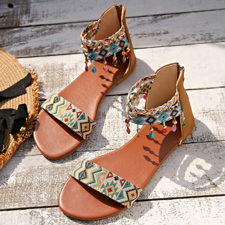 Women's Boho Sandals with Embroidered Straps, Braided Ankle Straps, and Decorative Beads Mune Fashion