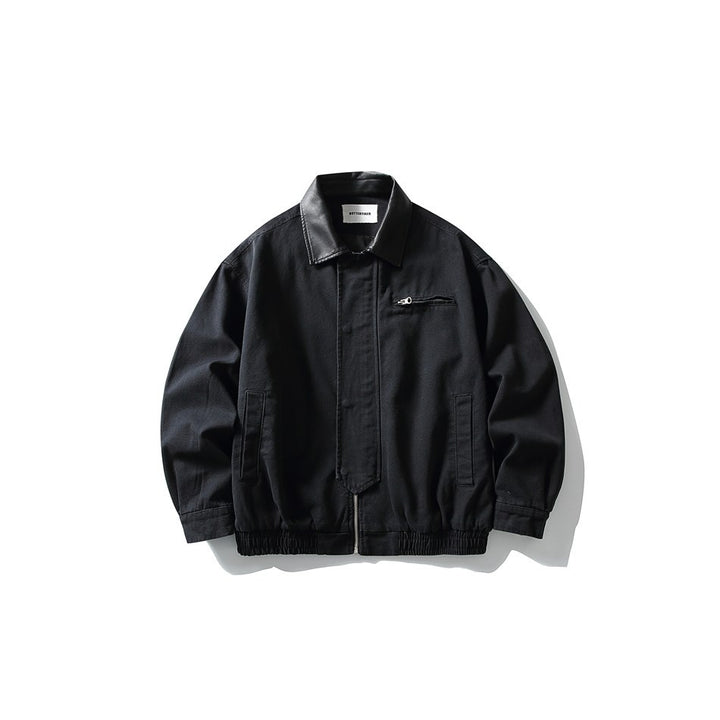 Men's Boxy Canvas Blouson with contrasting faux leather collar and elastic hem Mune Fashion