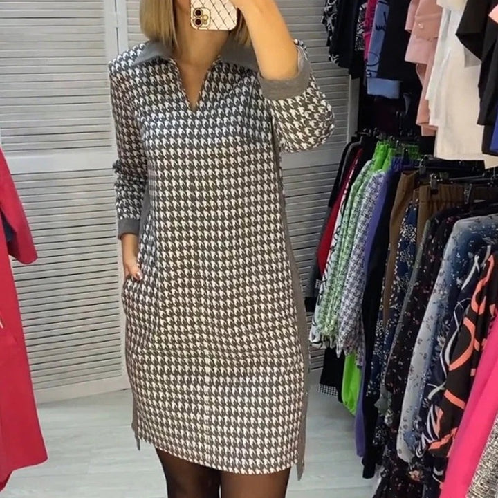 Women houndstooth knit dress with turned-down collar, V-neck, side pockets, and side slits Mune Fashion
