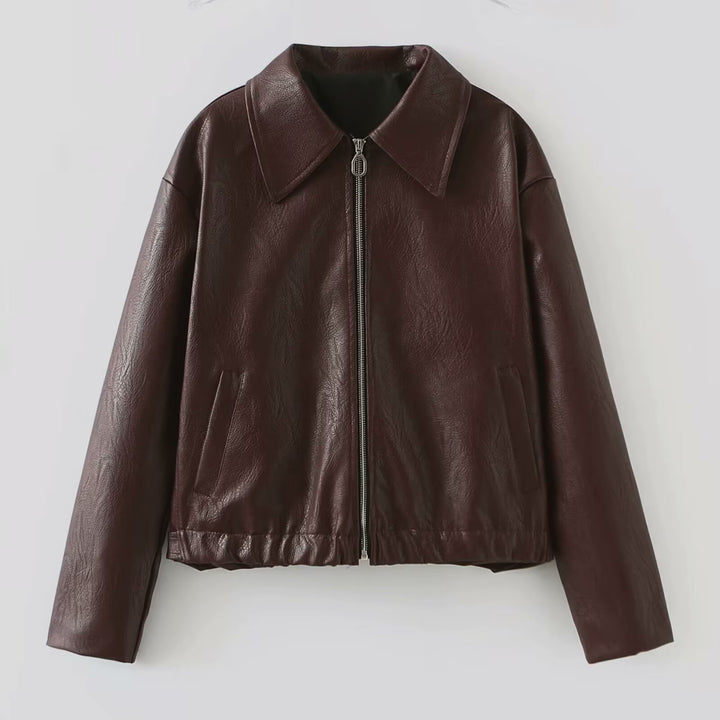Women Short Oversized Leather Look Jacket with Zipper, Hem Band and Kent Collar Mune Fashion