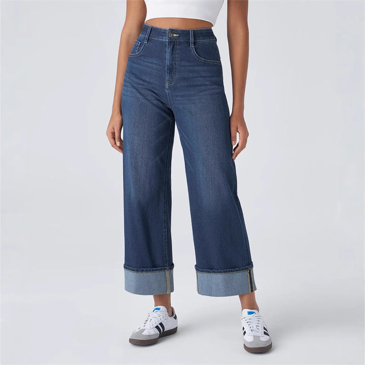 Women's high-waisted wide ankle-length jeans with wide cuff and five-pocket cut Mune Fashion