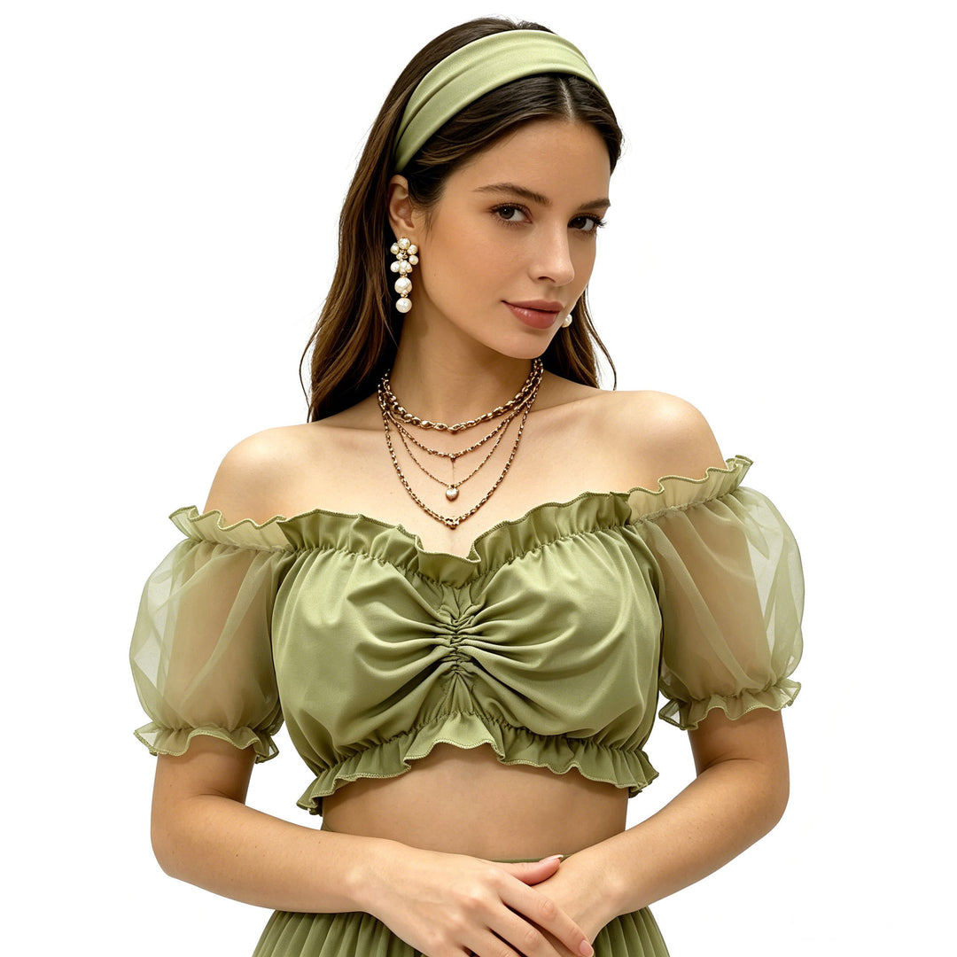 Women's ruched Crop Top with off-the-shoulder neckline and transparent organza sleeves Mune Fashion